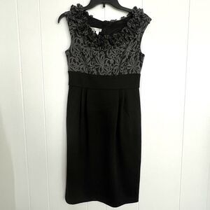 London Times Women’s Floral Ruffle Black Gray Sleeveless Pencil LBD Dress 4